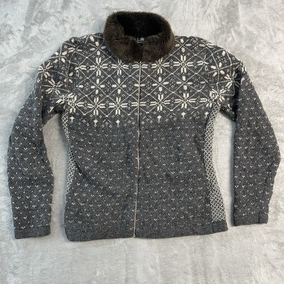 Maurices Sweaters - VTG Maurices Womens M Nordic Fair Isle Lambswool Blend Zip Cardigan Fur Collar